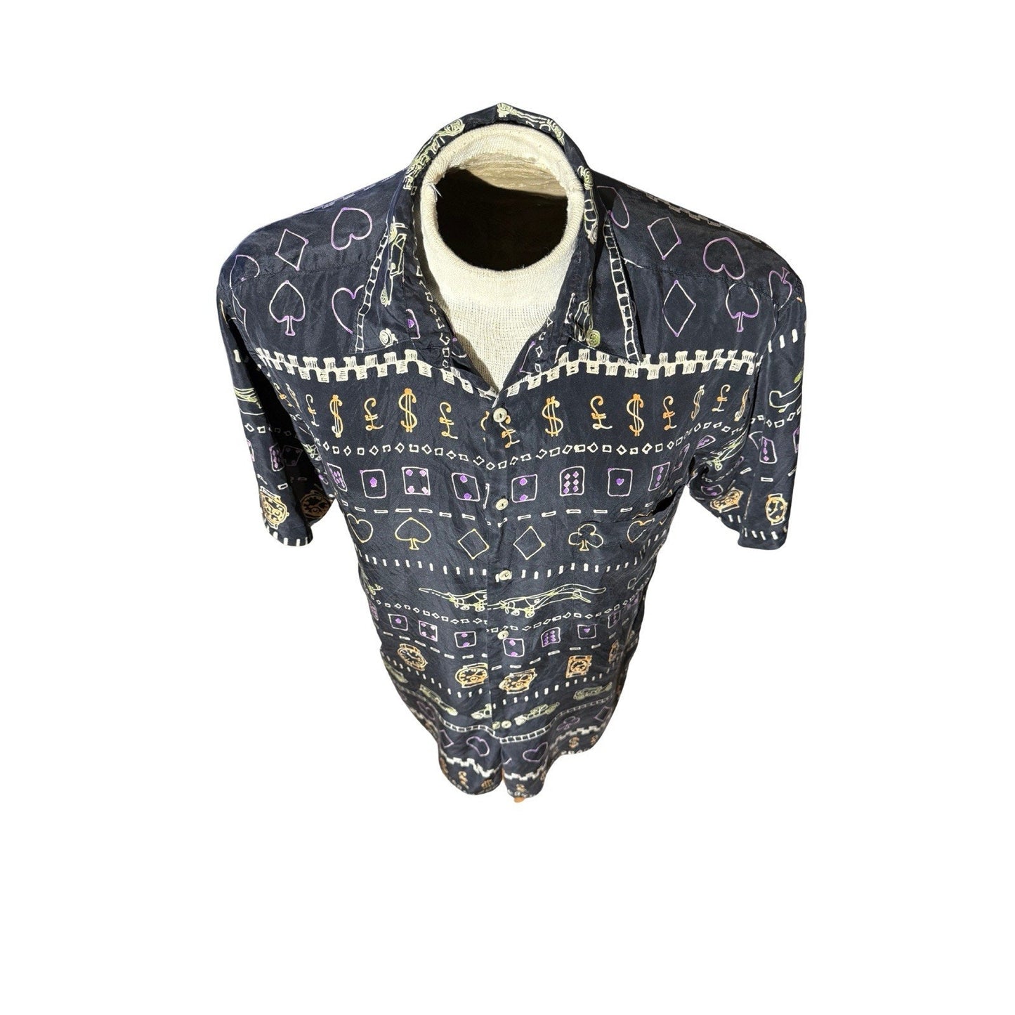 Burma Bibas 100% Silk Shirt Men’s M Black Casino Gambling Print Short Sleeve VTG