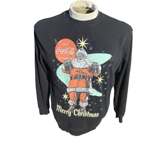 Women’s Coca-Cola Christmas Sweatshirt Santa Claus Holiday Graphic Black Sz S