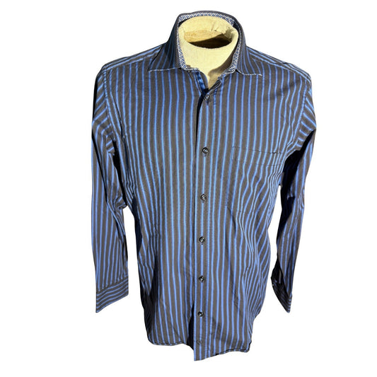 Bugatchi Uomo Men’s Dress Shirt Blue Black Stripe Geometric Trim Cotton M