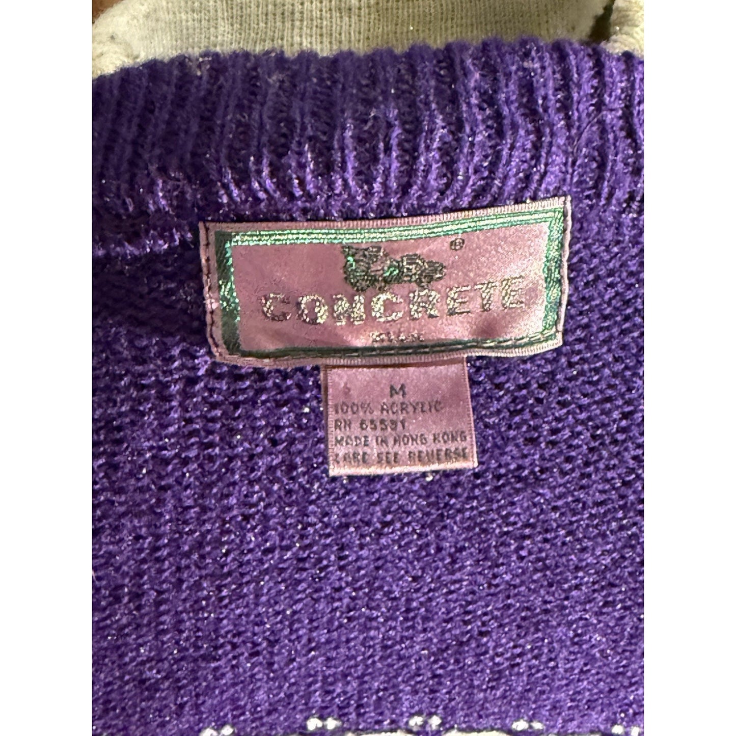 Vintage Concrete Sweater Cardigan Purple Geometric Knit Made in Hong Kong M