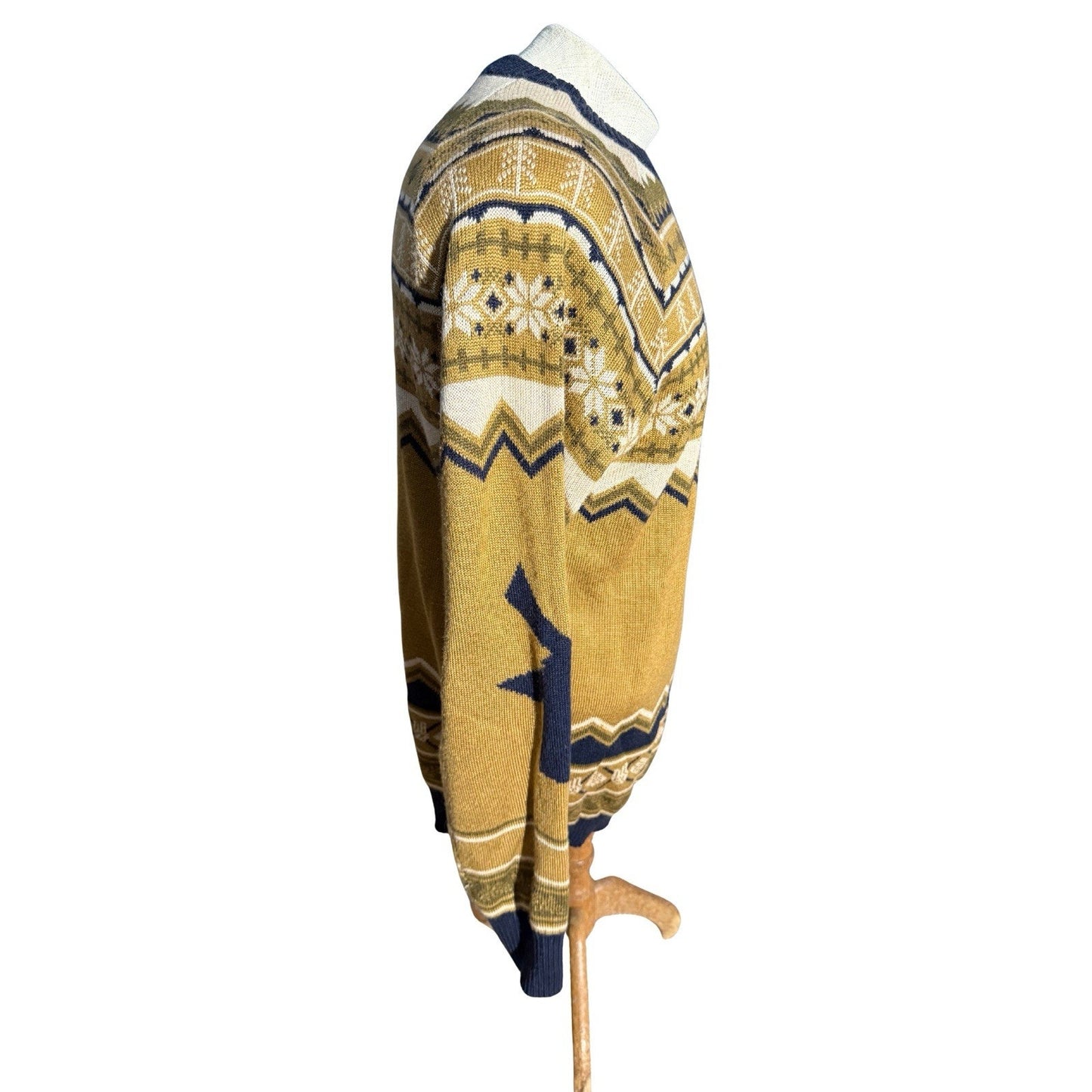 Dutch Bros Coffee Holiday Sweater Large Fair Isle Gold Blue Snowflake Knit