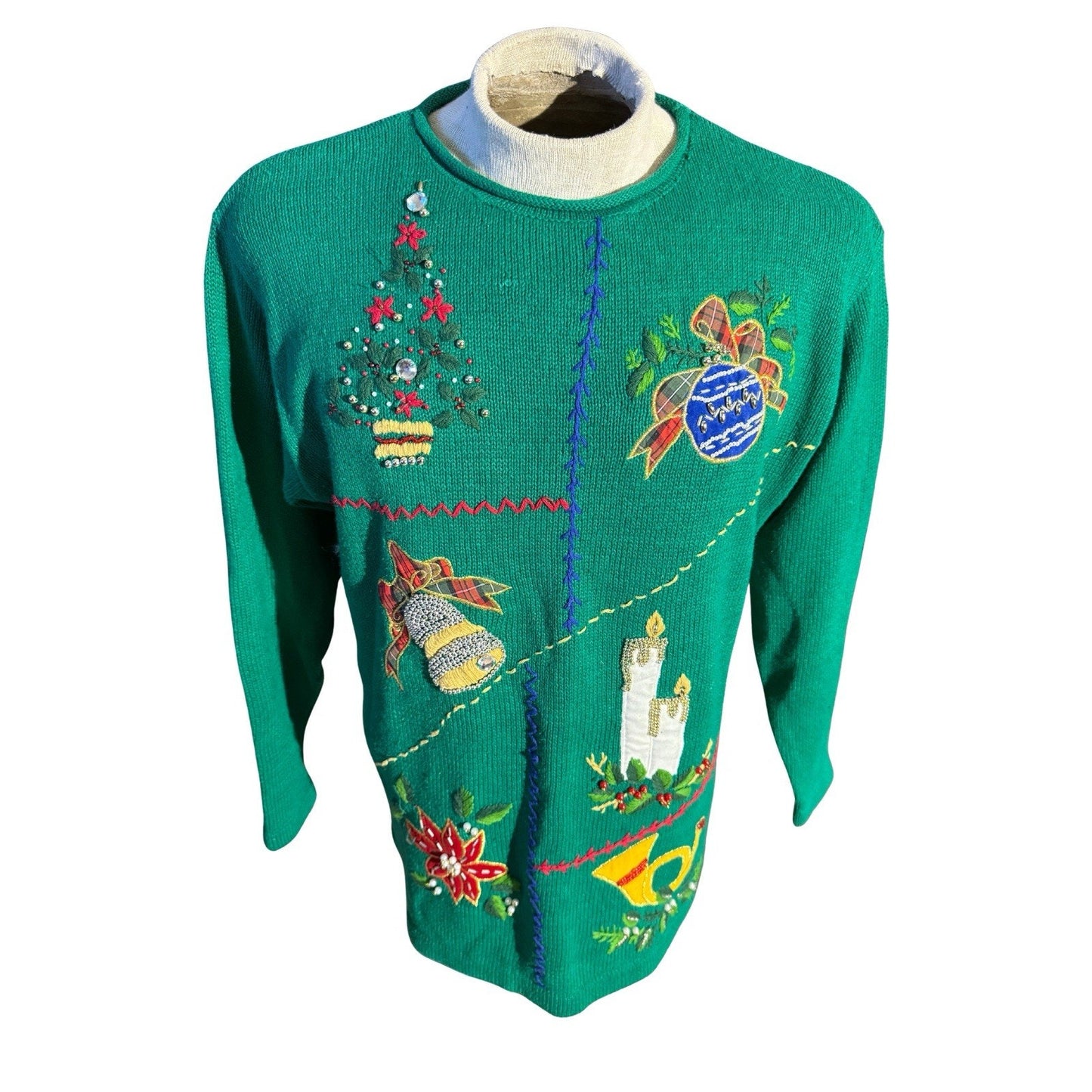 Victoria Jones Women’s Large Christmas Sweater Green Beaded Embellished Holiday