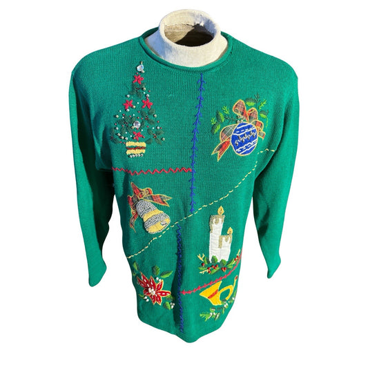 Victoria Jones Women’s Large Christmas Sweater Green Beaded Embellished Holiday