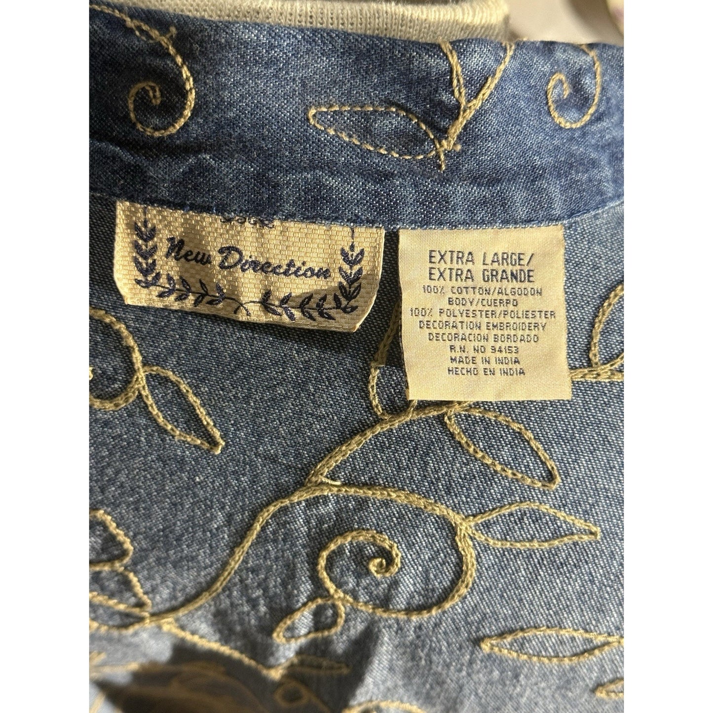 New Directions XL Denim Shirt Jacket Floral Embroidered Button Front Blue