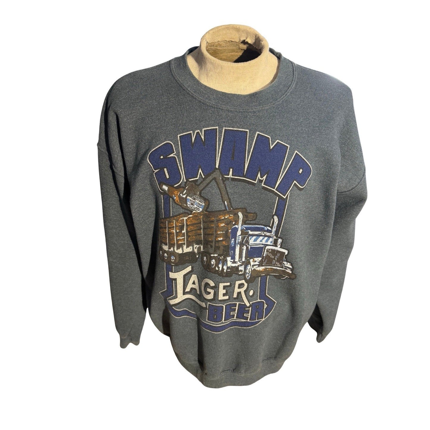 Vintage Swamp Lager Beer Sweatshirt George L 42-44 Gray Trucker Graphic Pullover