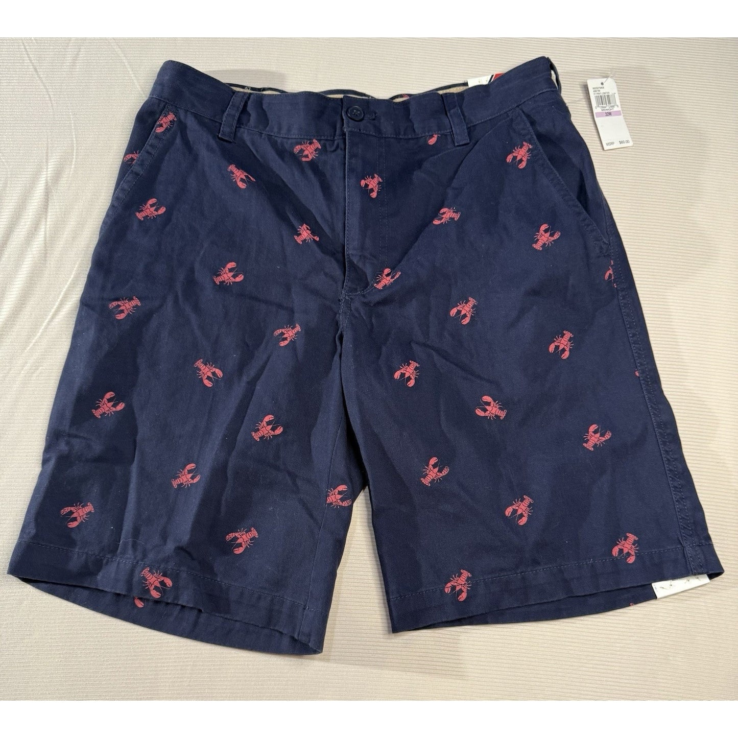IZOD Men’s 32 Navy Lobster Print Flat Front Shorts Cotton Chino Preppy NWT