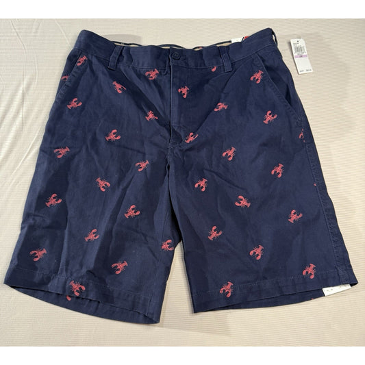 IZOD Men’s 32 Navy Lobster Print Flat Front Shorts Cotton Chino Preppy NWT