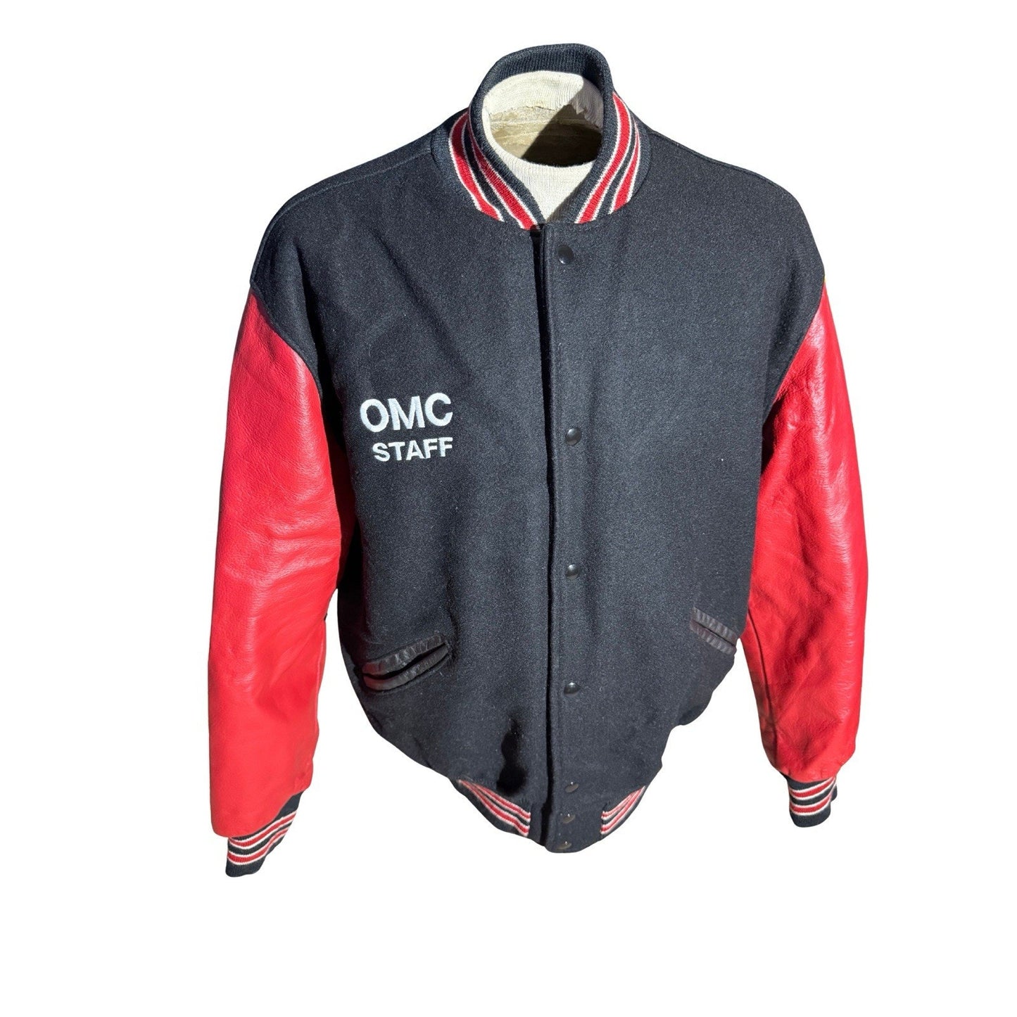 Vintage DeLong Varsity Jacket XL Black Red OMC Staff Oklahoma Motor Sports Cente