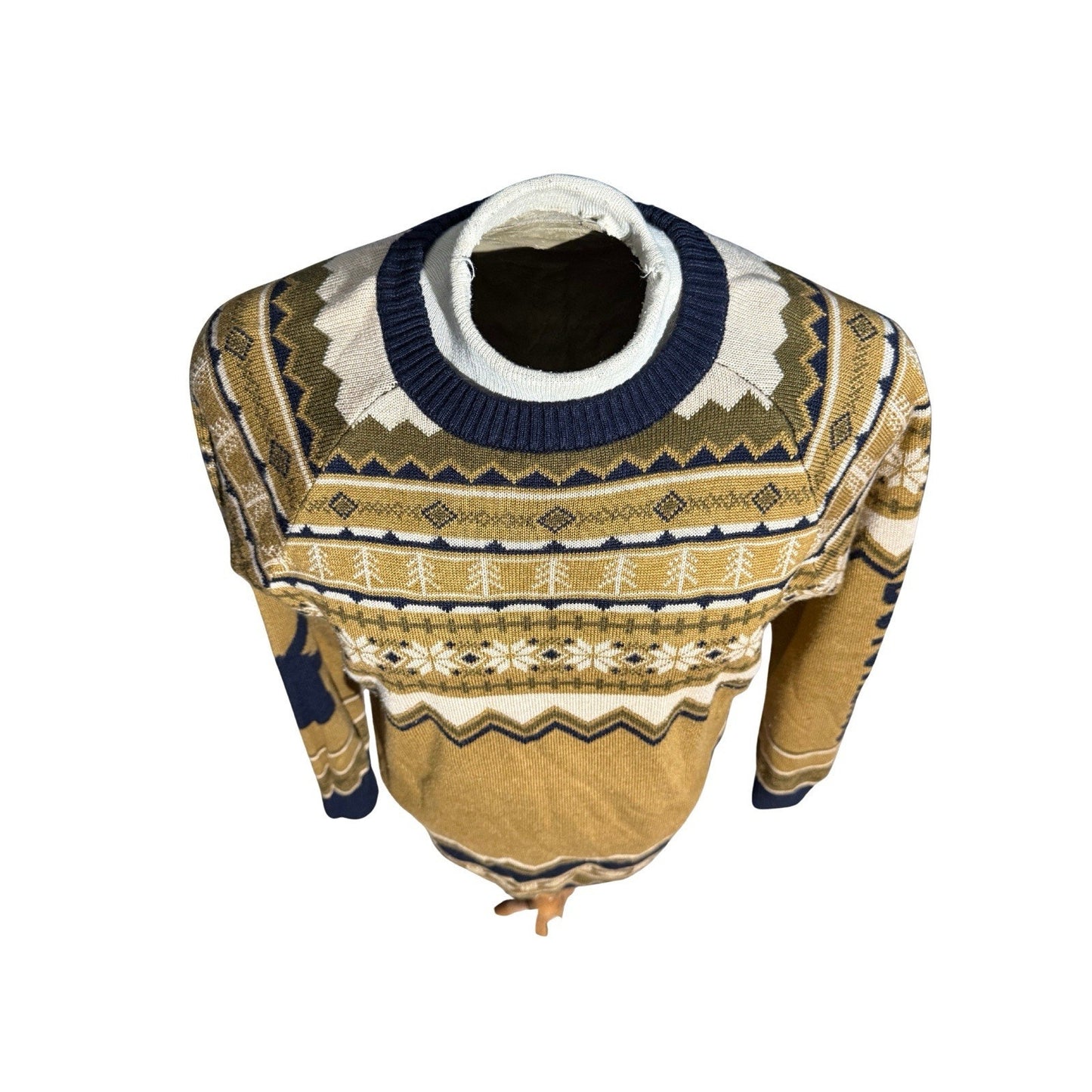 Dutch Bros Coffee Holiday Sweater Large Fair Isle Gold Blue Snowflake Knit