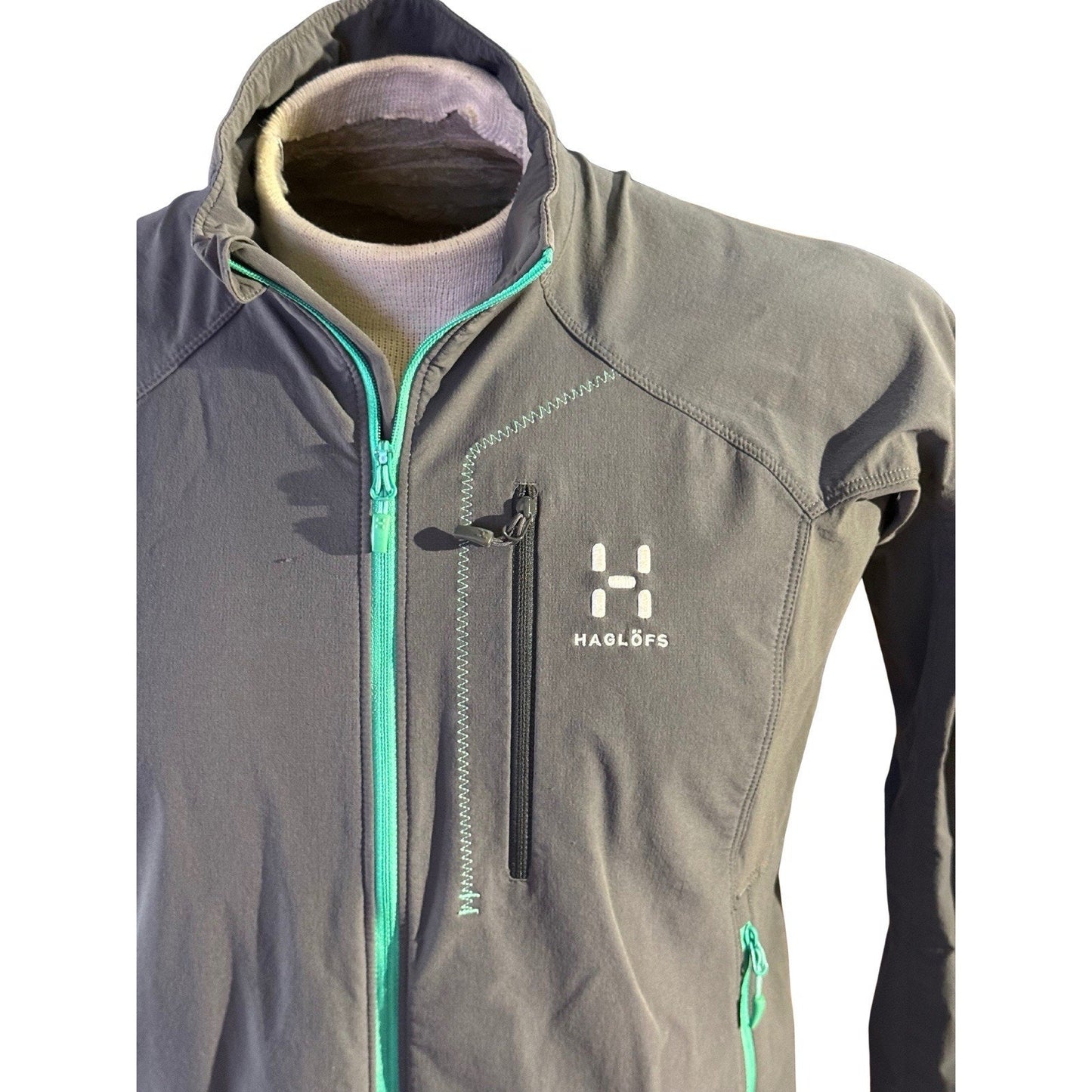 Haglöfs Lizard II Softshell Jacket Women’s L Gray Aqua Trim Hiking Outdoor