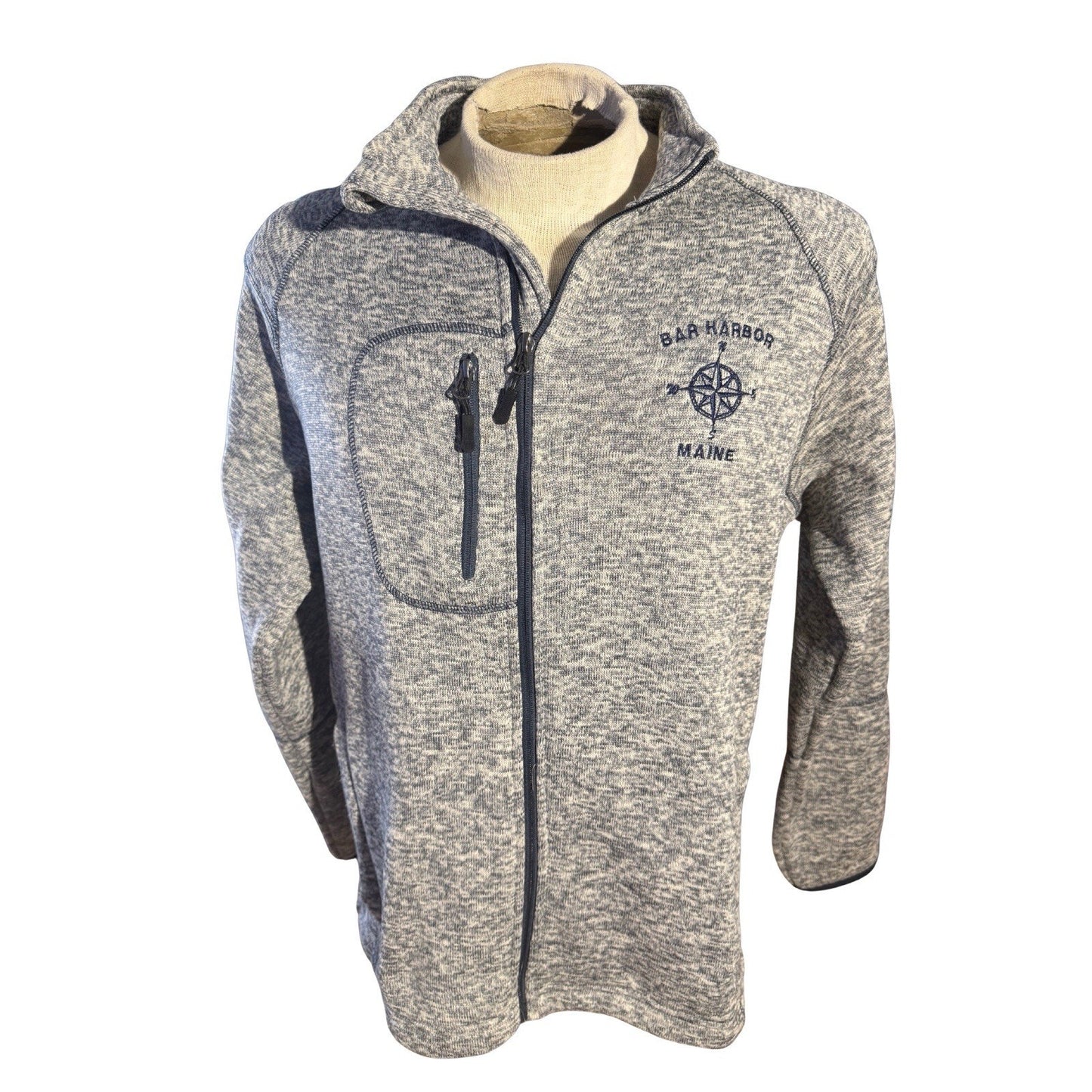 Bar Harbor Maine Full Zip Fleece Jacket Men’s Large Gray Heather Compass Logo
