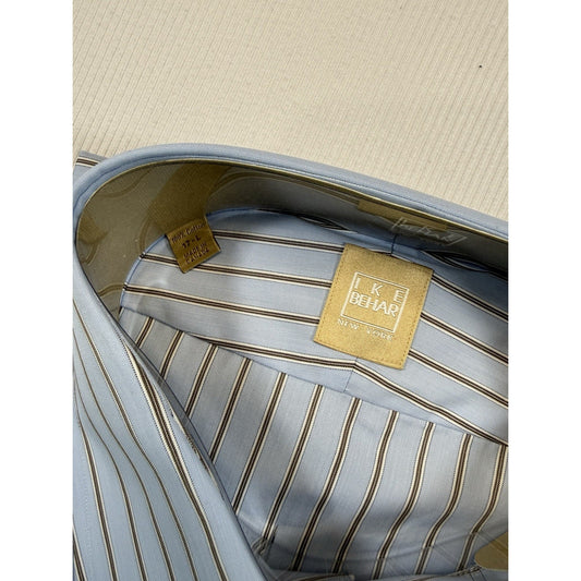 Ike Behar New York 17 L Blue Brown Stripe Dress Shirt NWT Made Canada