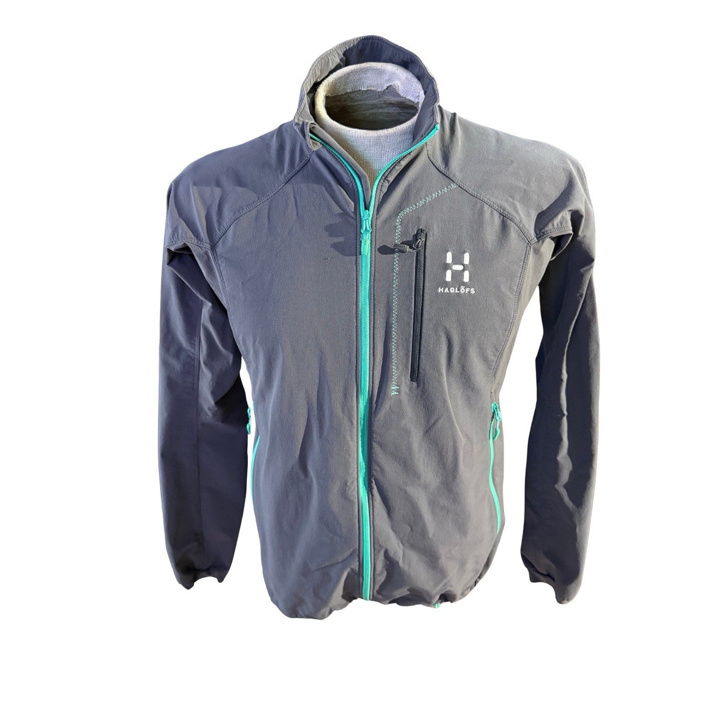 Haglöfs Lizard II Softshell Jacket Women’s L Gray Aqua Trim Hiking Outdoor