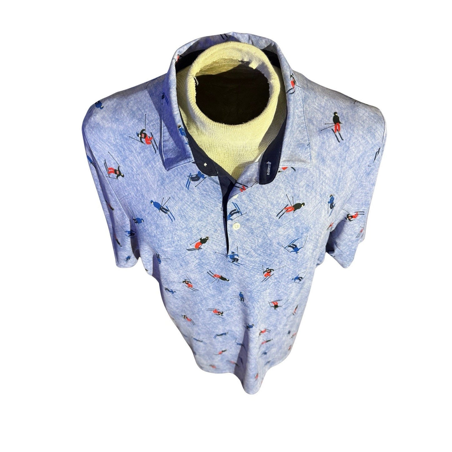 KJUS Men’s Golf Polo Shirt XL Blue Ski Print Performance UPF 50+ NWT