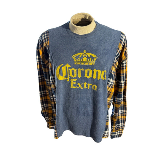 Corona Extra Beer Logo Flannel Sleeve Shirt Blue Yellow Plaid Men’s M Licensed
