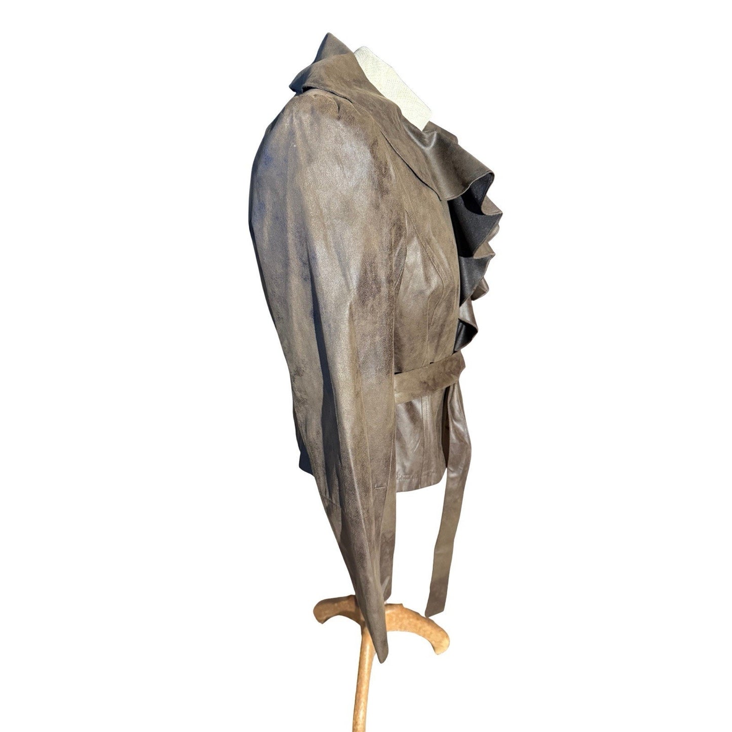 Worthington Women’s Faux Suede Ruffle Jacket Belted Brown Size L NWT