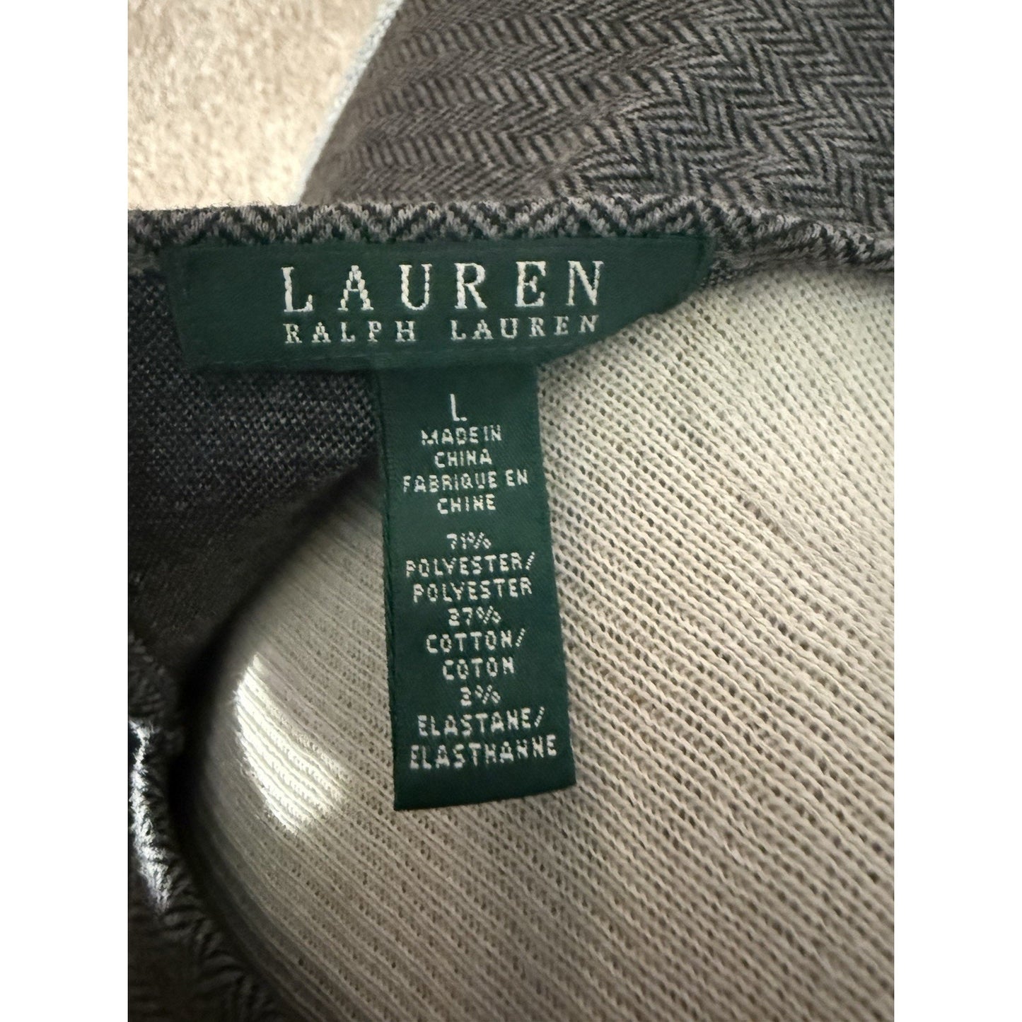 Lauren Ralph Lauren Gray Herringbone Peplum Top Women’s L 3/4 Sleeve Stretch