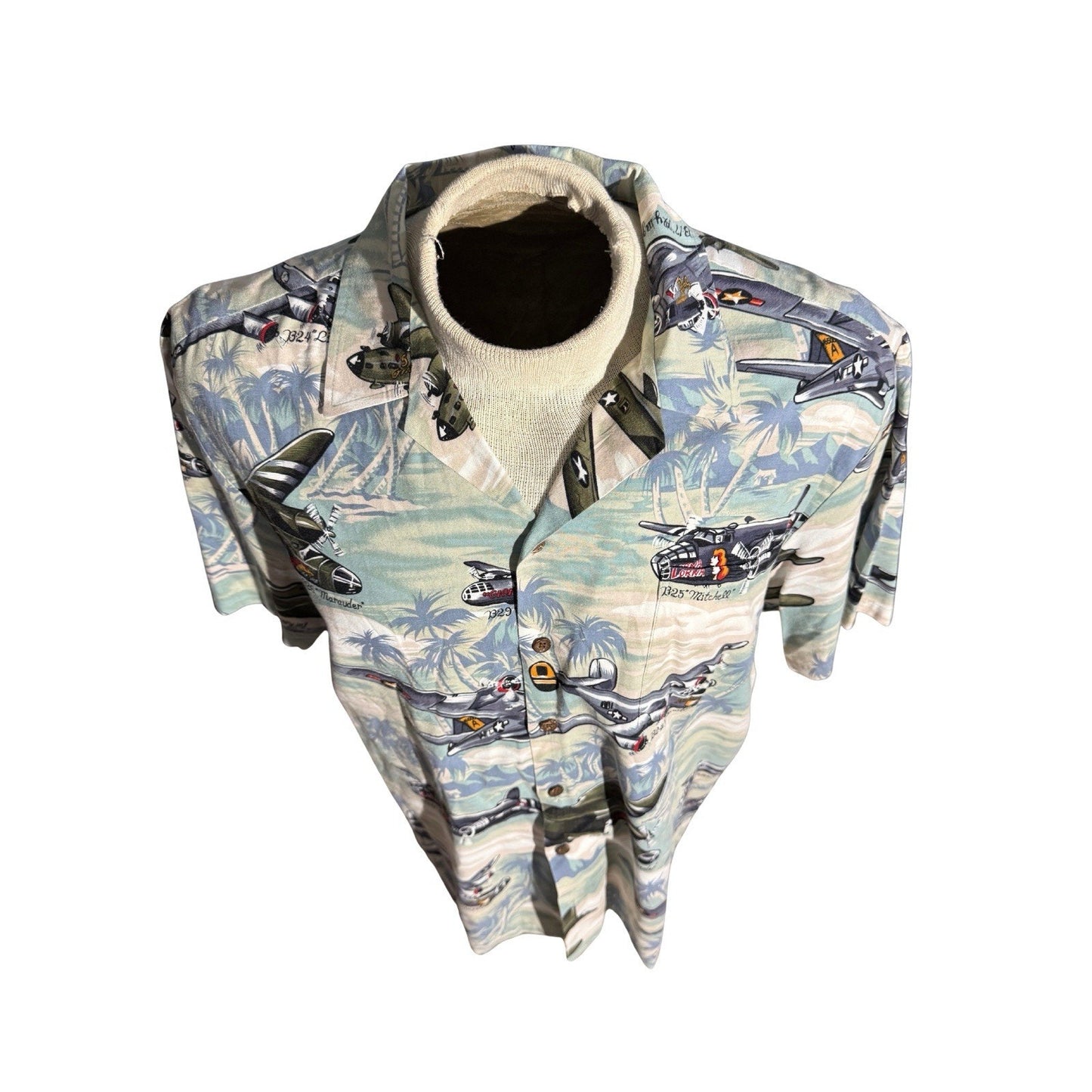 Vintage KALAHEO Men's Large Hawaiian WWII Bomber Air Planes Print Shirt