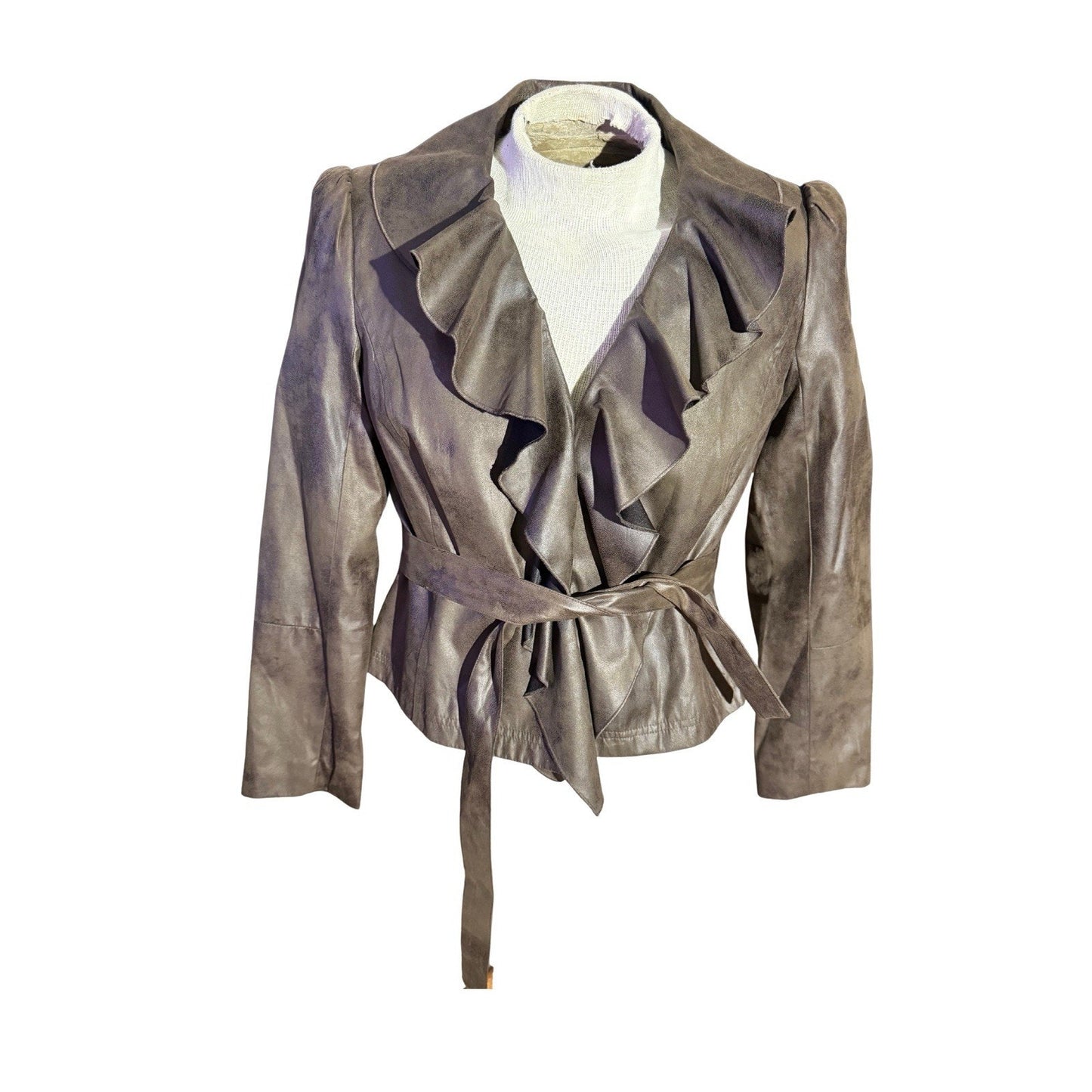Worthington Women’s Faux Suede Ruffle Jacket Belted Brown Size L NWT