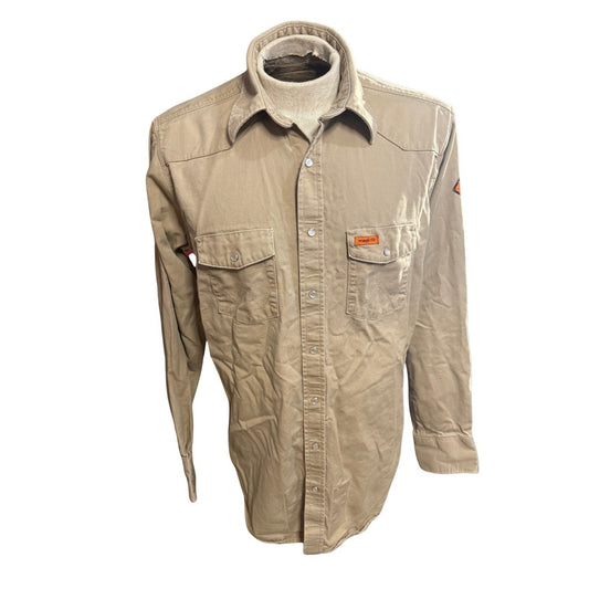 Wrangler FR Flame Resistant Work Shirt Men’s L Tall Beige Snap Front HRC2 2112
