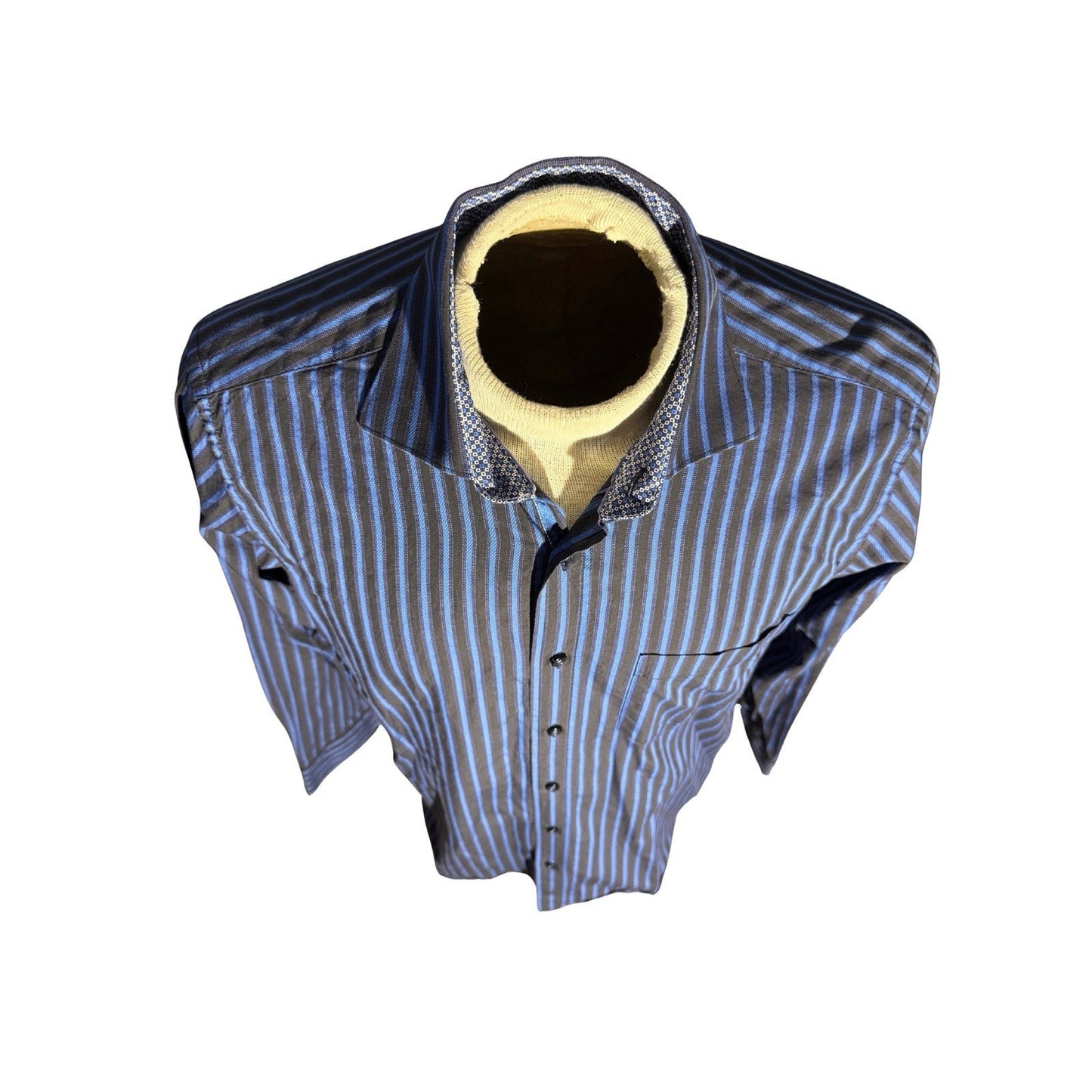 Bugatchi Uomo Men’s Dress Shirt Blue Black Stripe Geometric Trim Cotton M