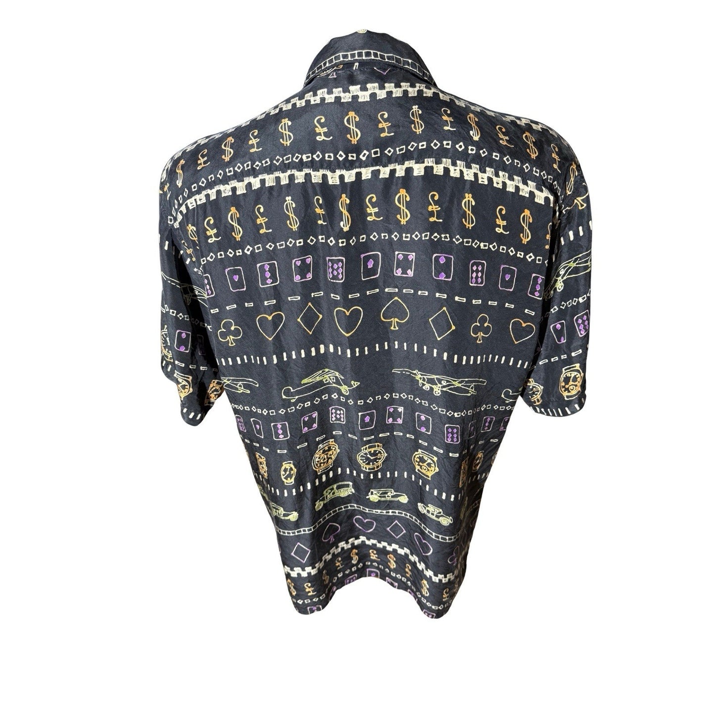 Burma Bibas 100% Silk Shirt Men’s M Black Casino Gambling Print Short Sleeve VTG