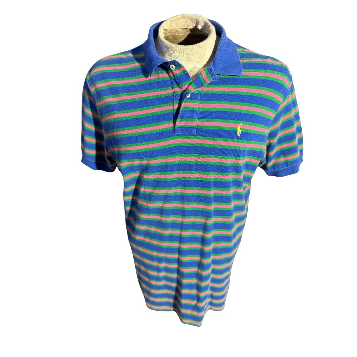 Vintage Polo Ralph Lauren Striped Polo Shirt Blue Green Pink Men’s L USA Made