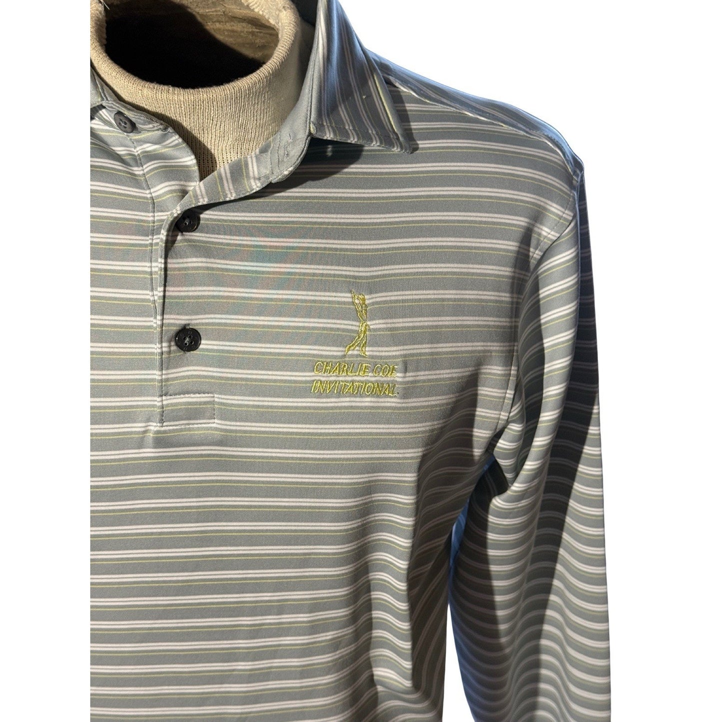FootJoy Golf Polo Shirt S Gray Stripe Charlie Coe Invitational Long Sleeve FJ