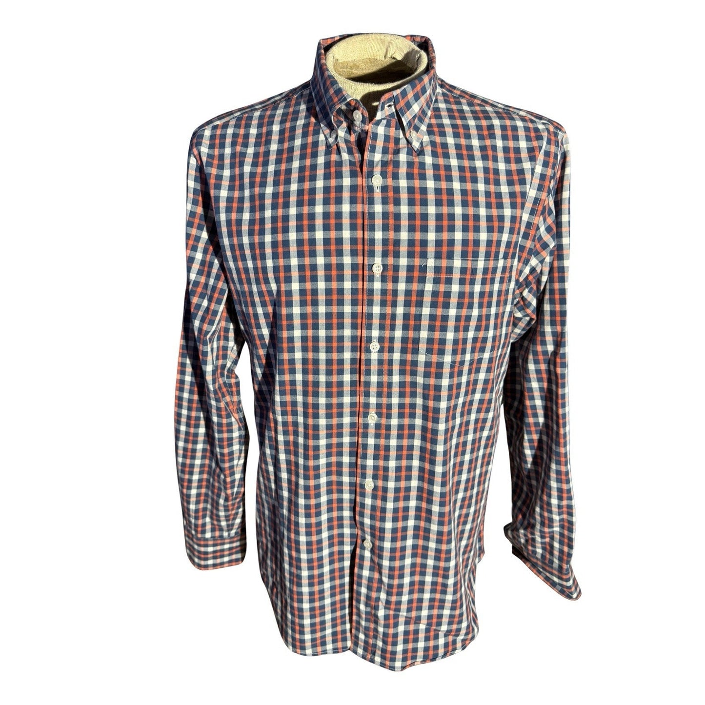 J.Crew Flex Men’s Large Plaid Button-Down Shirt Blue Orange Cotton Stretch