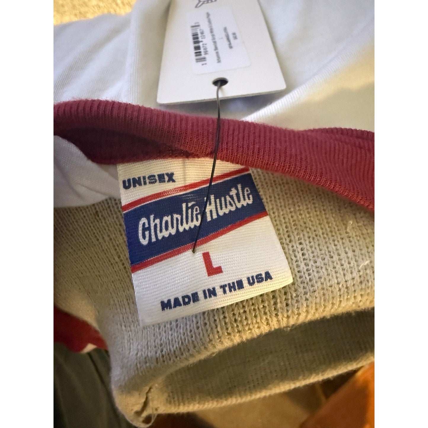 Charlie Hustle Arkansas Raglan Baseball Tee Unisex L Red White Made in USA NWT