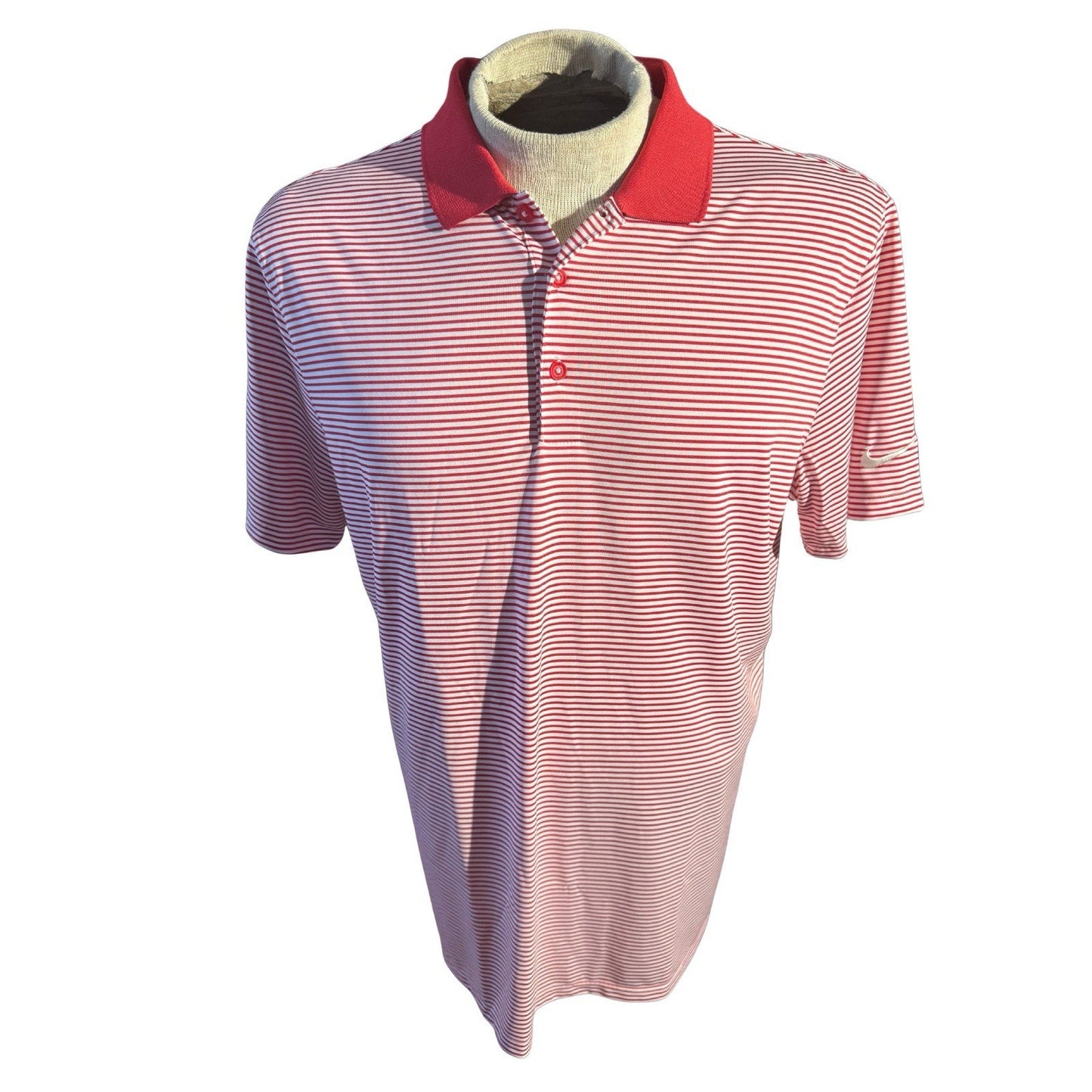 Nike Golf Dri-Fit Mens Polo Shirt Red Short Sleeve Striped Polyester Size L