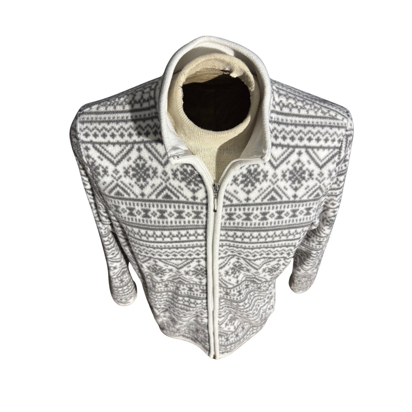Karen Scott Sport Fleece Jacket Women’s L White Gray Fair Isle Full Zip Cozy