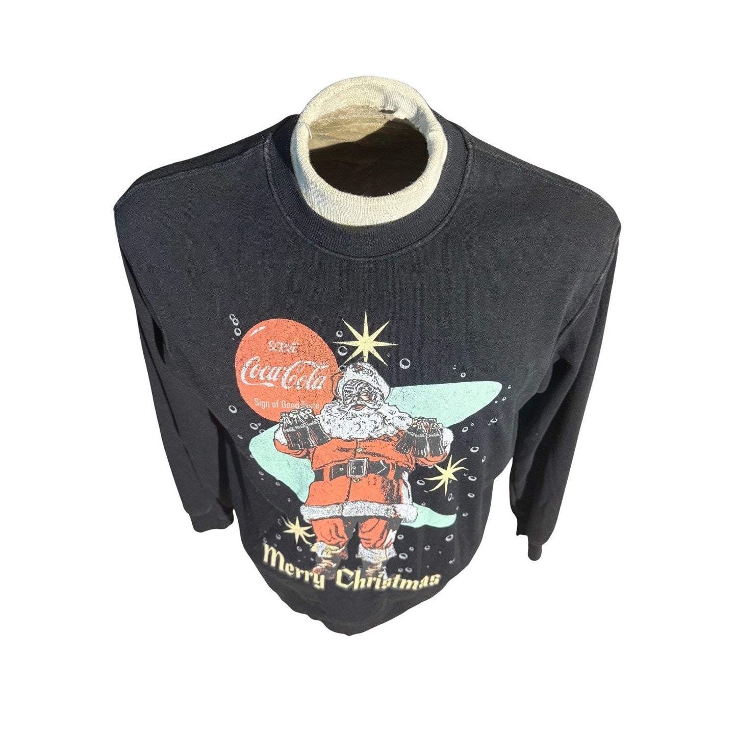 Women’s Coca-Cola Christmas Sweatshirt Santa Claus Holiday Graphic Black Sz S