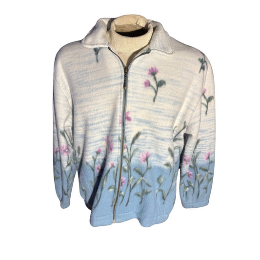 Vintage Teddi Fleece Zip Jacket Women’s Large Blue Floral 90s Made in Mexico