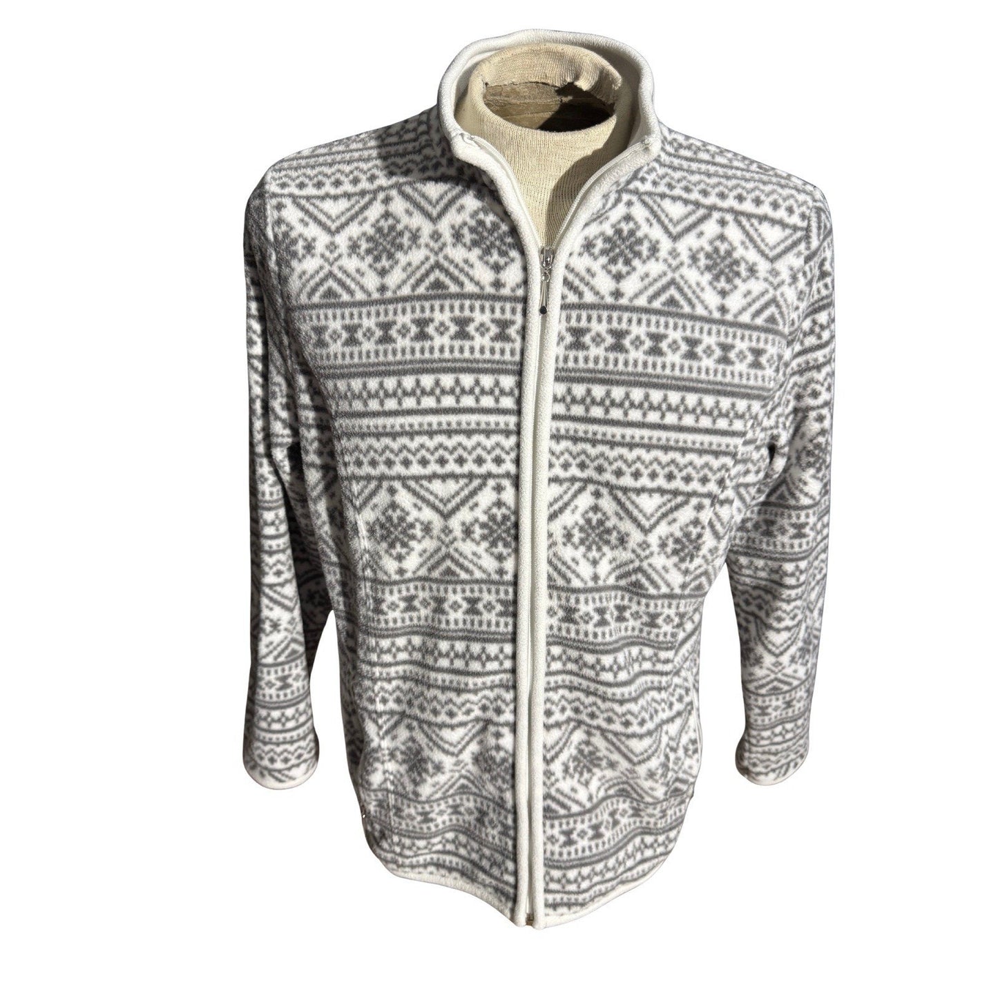 Karen Scott Sport Fleece Jacket Women’s L White Gray Fair Isle Full Zip Cozy