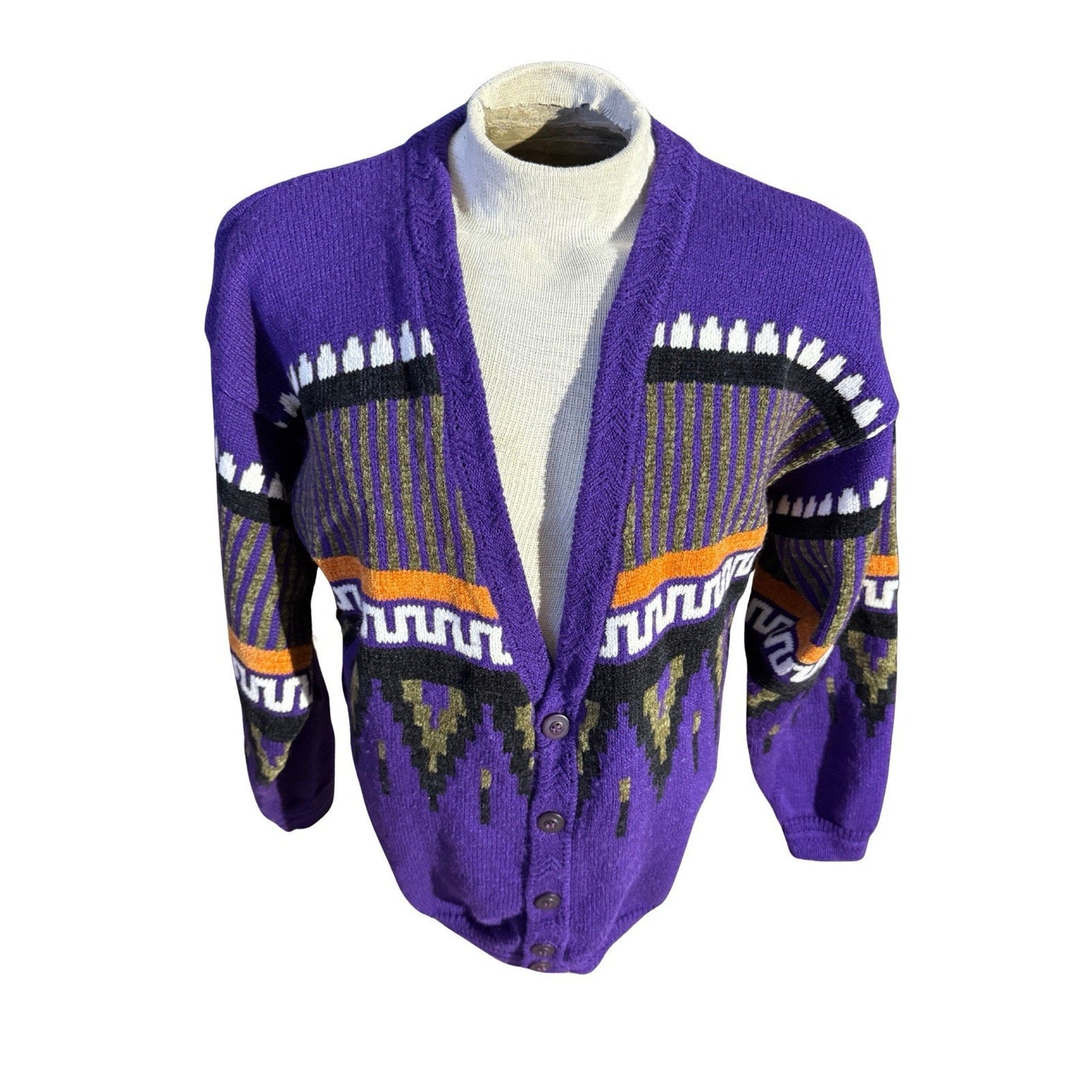Vintage Concrete Sweater Cardigan Purple Geometric Knit Made in Hong Kong M