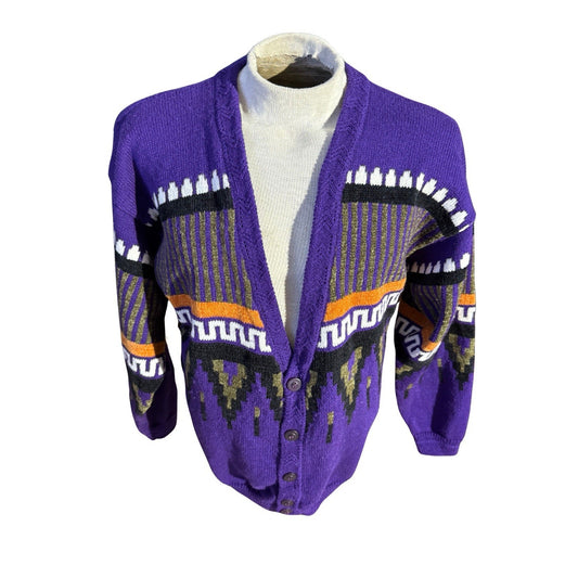 Vintage Concrete Sweater Cardigan Purple Geometric Knit Made in Hong Kong M