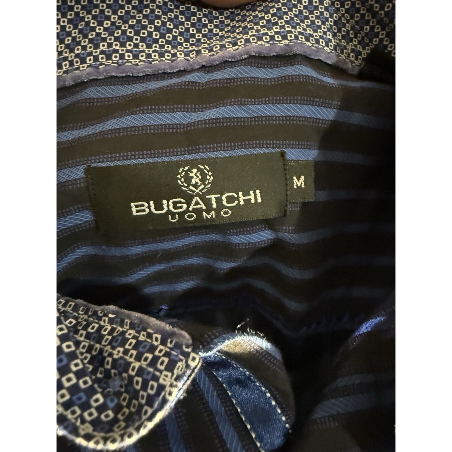 Bugatchi Uomo Men’s Dress Shirt Blue Black Stripe Geometric Trim Cotton M