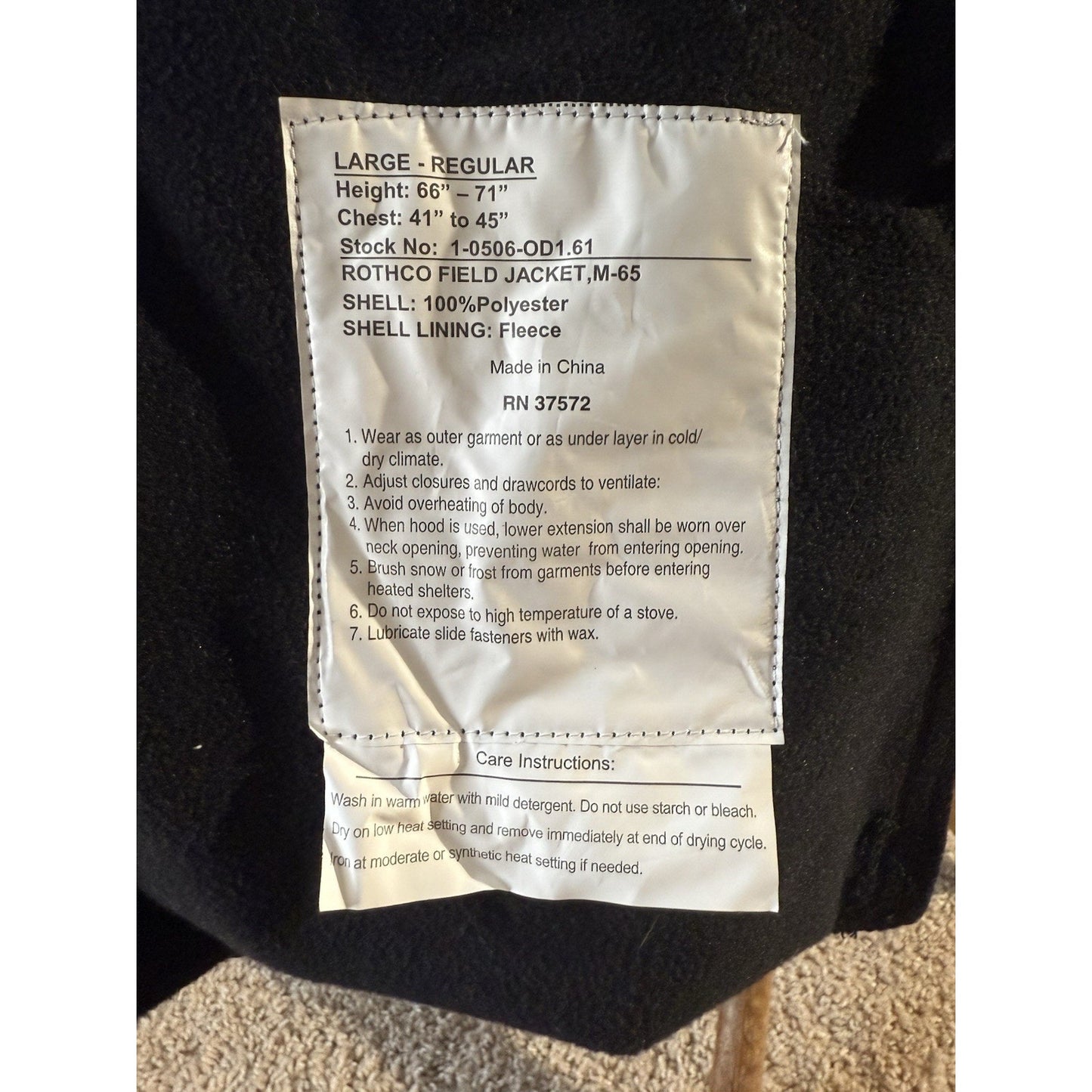 Rothco M-65 Field Jacket Large Regular Black Army Military Quilted Liner Hood