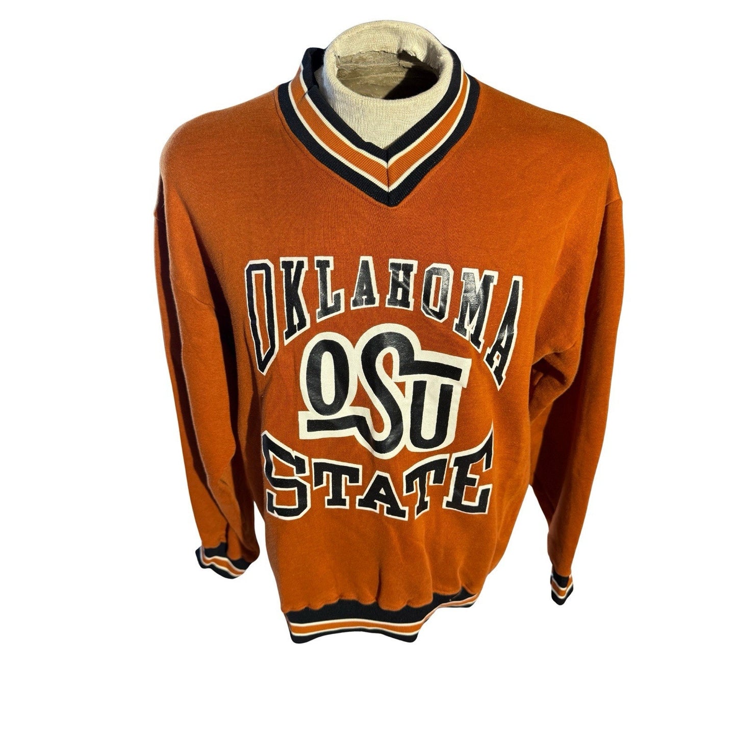 VTG 70s Russell Athletic OSU Oklahoma State V-Neck Sweatshirt Orange L Gold
