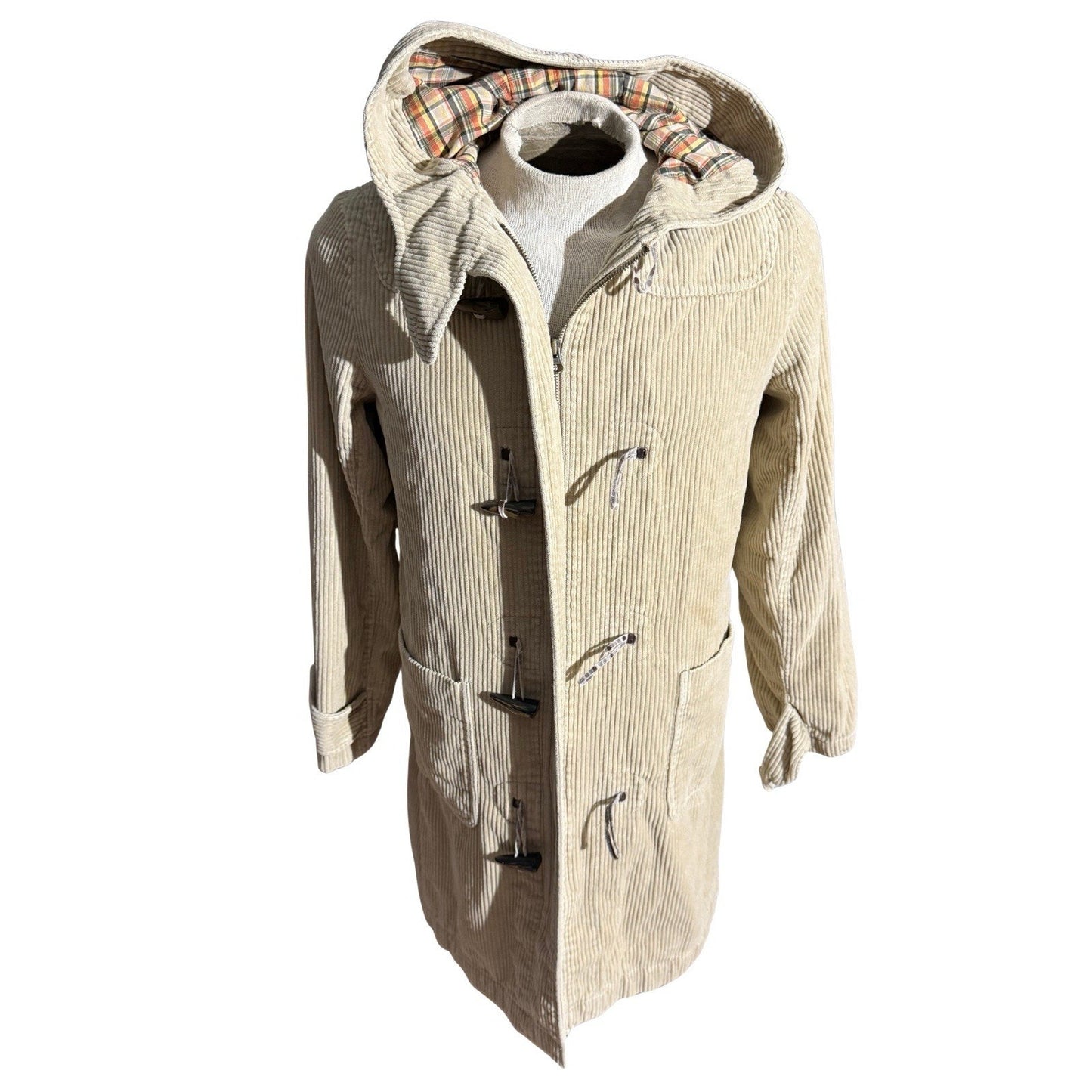 American Eagle Women’s Corduroy Toggle Coat Plaid Lined Hooded Jacket Beige L