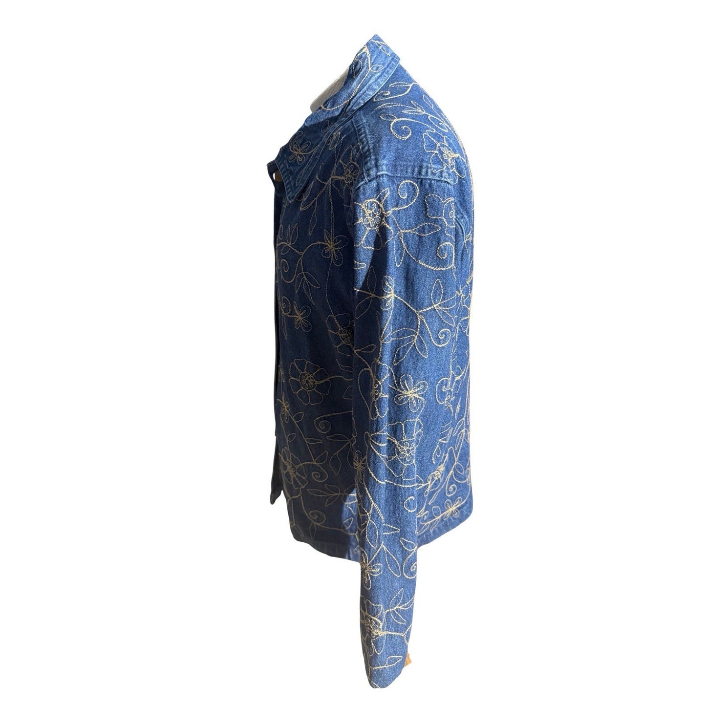 New Directions XL Denim Shirt Jacket Floral Embroidered Button Front Blue