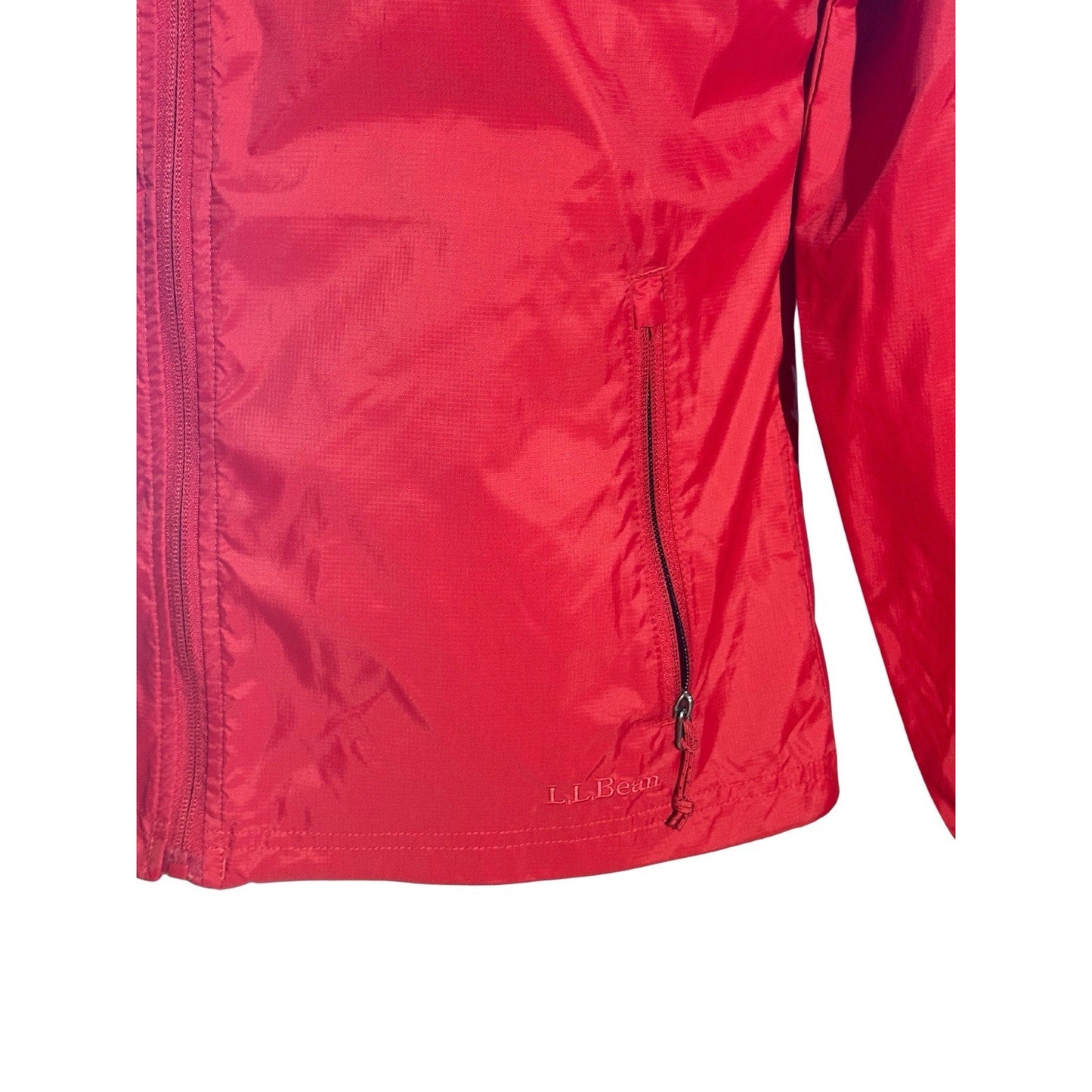 L.L. Bean Nylon Red Hooded Full Zip Raincoat Jacket Windbreaker Size Medium M