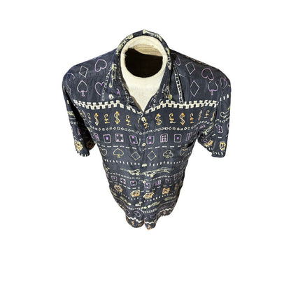 Burma Bibas 100% Silk Shirt Men’s M Black Casino Gambling Print Short Sleeve VTG