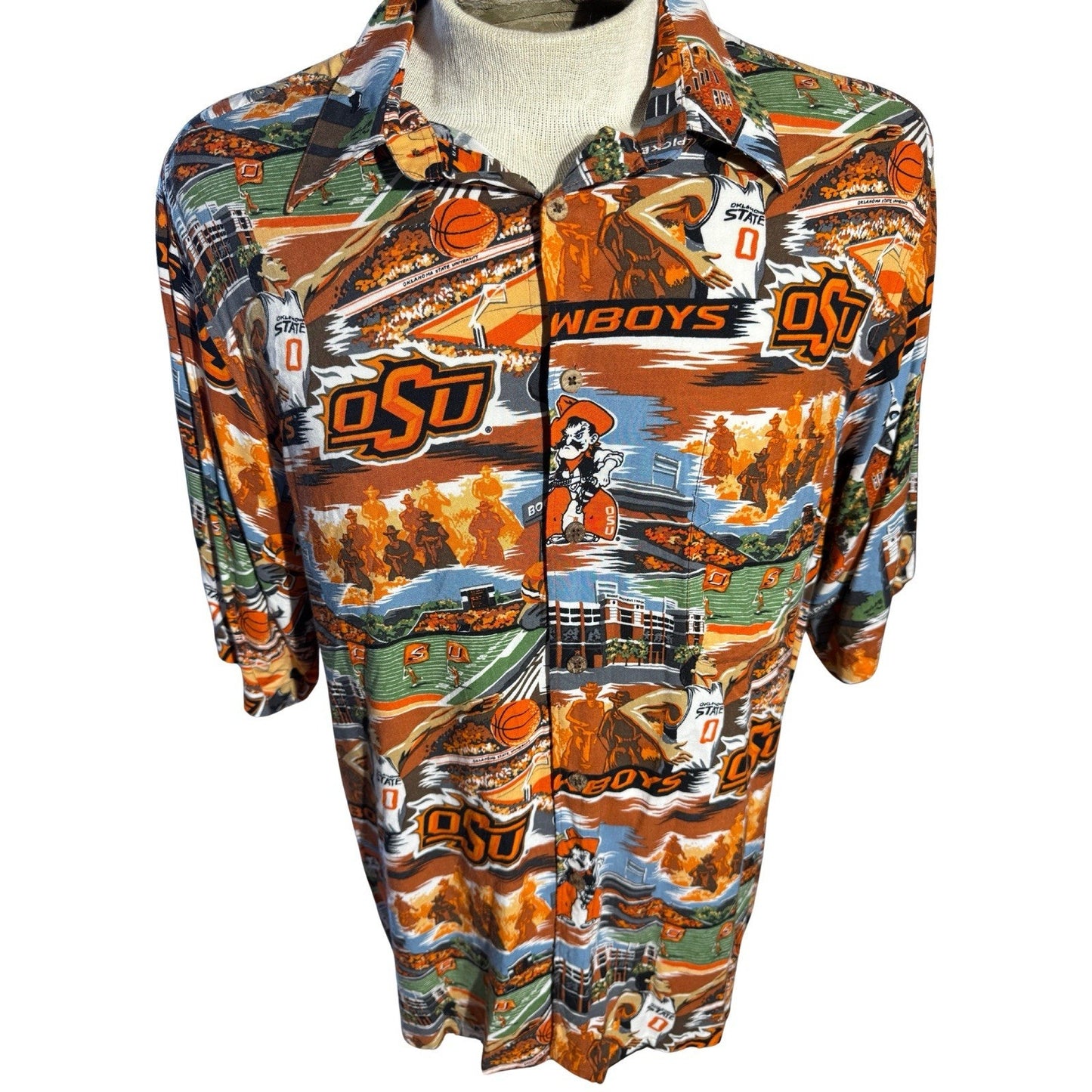 Reyn Spooner OSU Cowboys Hawaiian Shirt XL Oklahoma State Aloha Rayon Made Korea