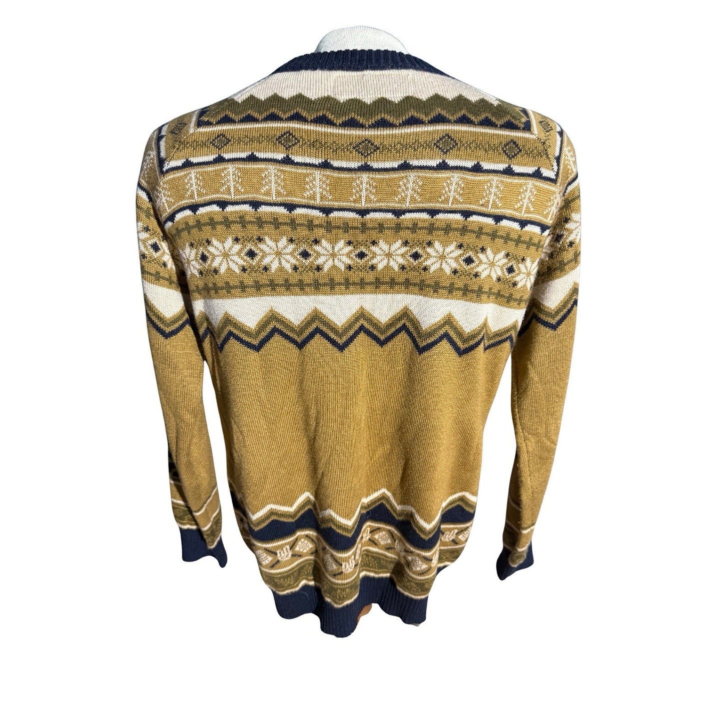 Dutch Bros Coffee Holiday Sweater Large Fair Isle Gold Blue Snowflake Knit