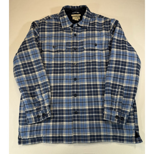 L.L.Bean Jacket Mens Large Blue Gray Plaid Flannel Fleece Lined Shirt Shacket