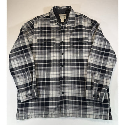 LL Bean Men Fleece Lined Flannel Shirt Jacket Black Gray Plaid Traditional Fit L