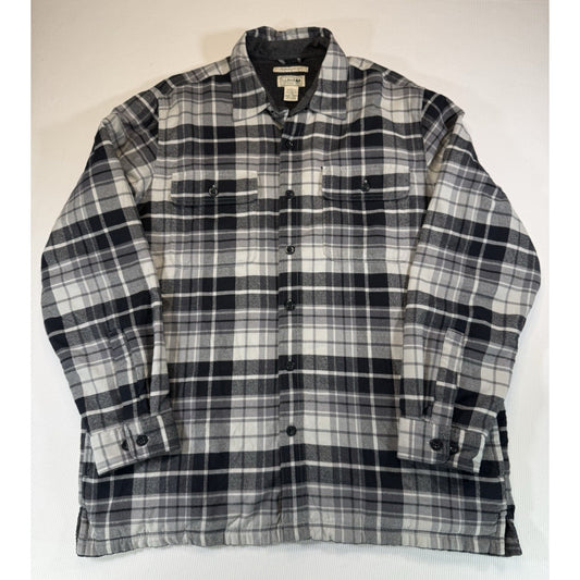 LL Bean Men Fleece Lined Flannel Shirt Jacket Black Gray Plaid Traditional Fit L