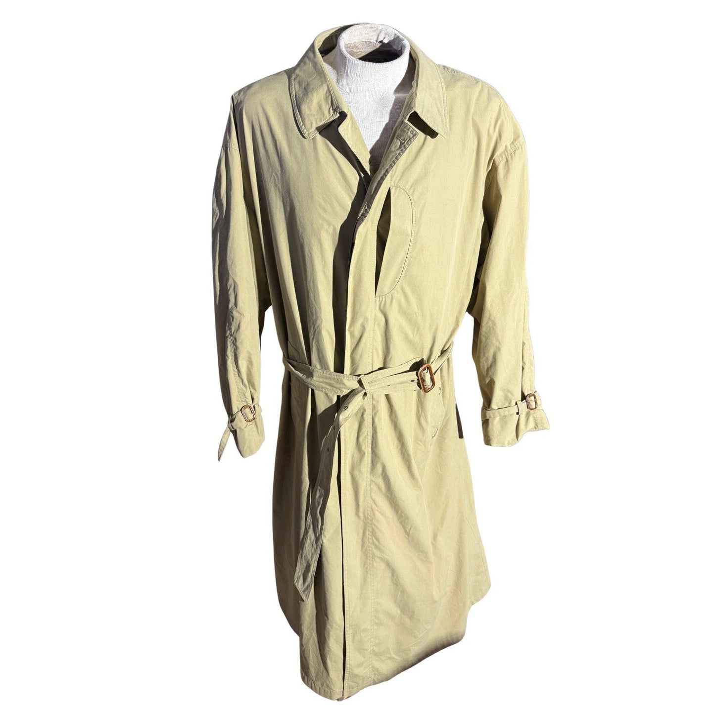 Vintage 1980s Bugatti Germany Trench Coat Khaki Belted Raincoat 54 Iridescent